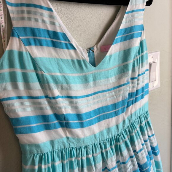 Lilly Pulitzer Silk Fit & Flare Dress 10 Blue White Striped V-Neck Cotton Lined - Picture 4 of 11